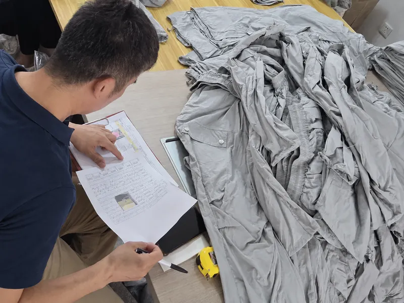 A spec sheet held up and read against a pile of finished garments