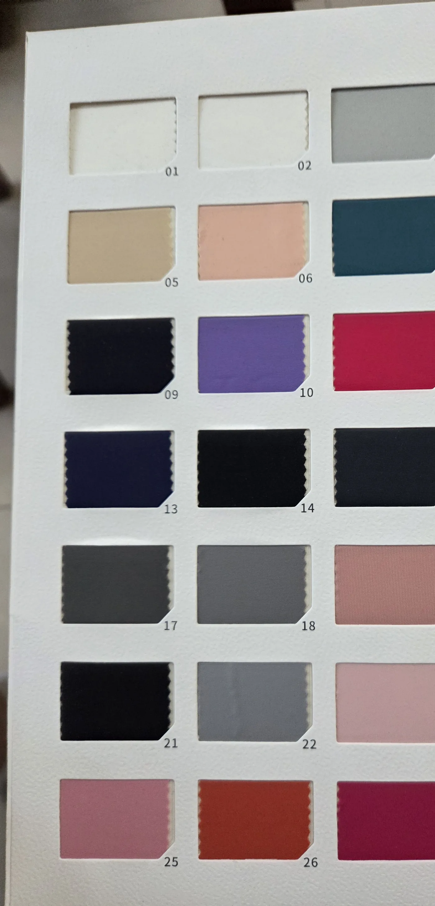 Fabric and color swatch board — the color and material range we produce across