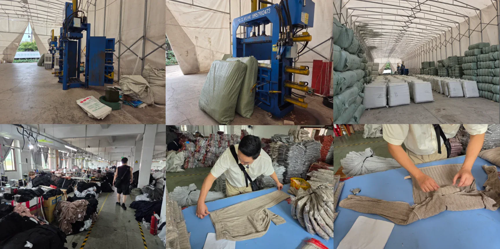 Sewing line, in-line inspection, hydraulic baling press and compressed bales ready to ship