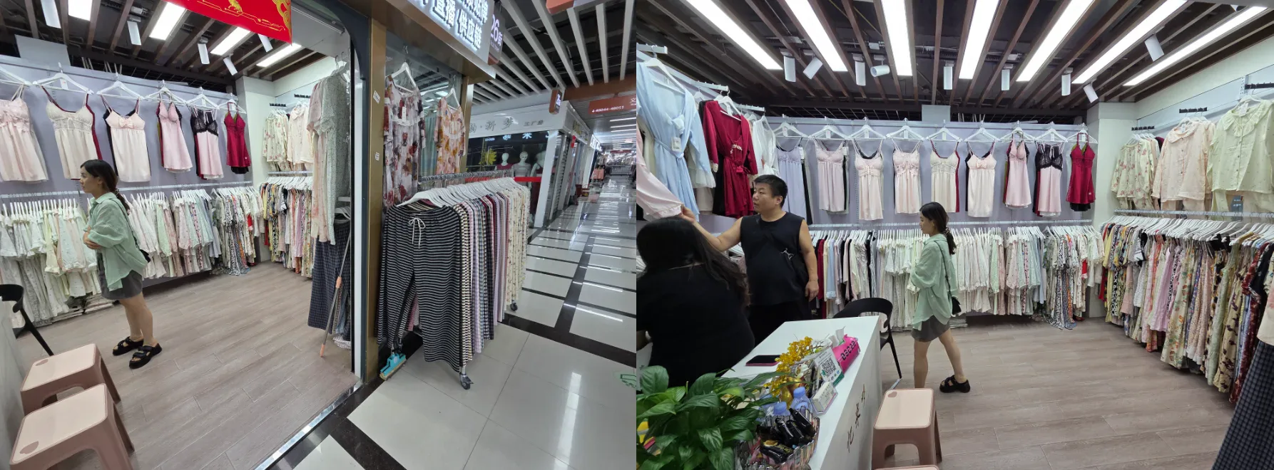 Garment racks outside a supplier booth in Yiwu Market with sleepwear stocked inside