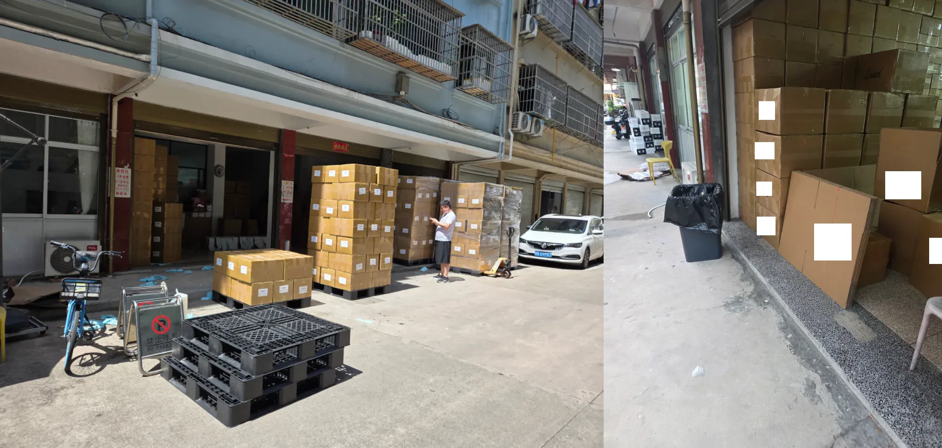 Numbered cartons on pallets at the warehouse door before container loading