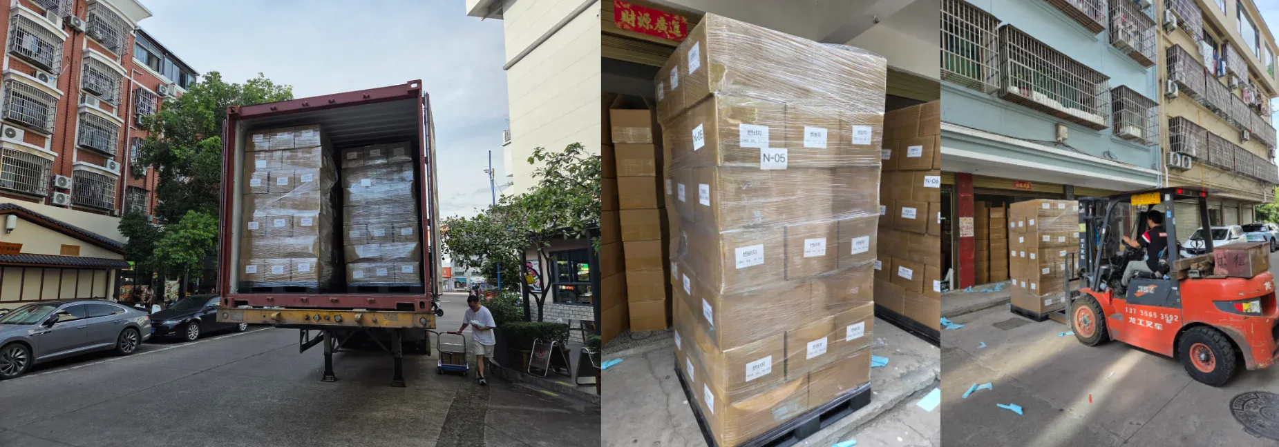 A loaded 40HQ container, a wrapped pallet of cartons and a forklift at our warehouse in Yiwu